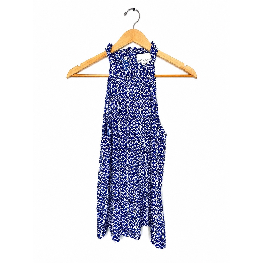 Cynthia Rowley 100% Silk Blouse Size S Blue White Print Ruffle Neck Sleeveless - Picture 2 of 6